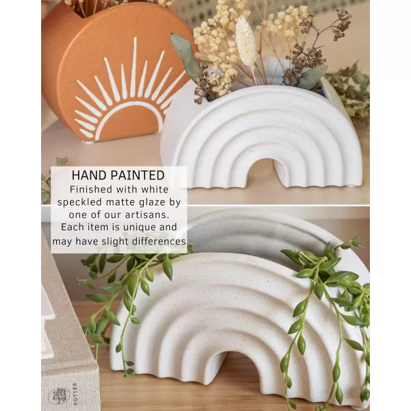 Rainbow Arched Planter White Vase Speckled Ceramic wDrainage Hole Textured Ribbed Arch Organic Modern Aesthetic Small Flower Vases for Centerpieces Unique Indoor Plant Pot Boho Living Room DcorRainbow Speckled White