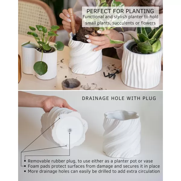 Wavy Planter Speckled Matte White Ceramic w Drainage Hole Indoor Plant Pot Modern Mid Century Cute Vintage Minimalist Aesthetic Centerpieces Small Flowers Unique Boho Funky Rustic Retro Home DcorSpiral Speckled White