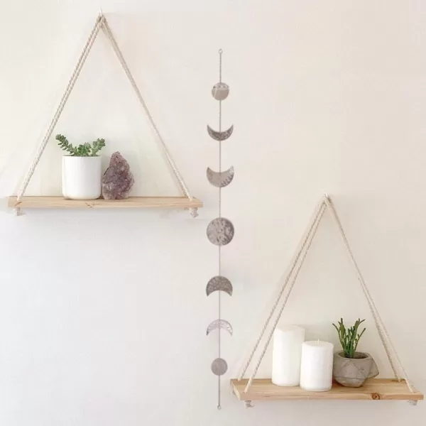 BASE ROOTS Hanging Shelves for Wall Set of 2 wHooks Wooden Shelf Macrame Rope Natural Light Reclaimed Wood Moon Phase Wall Hanging Handmade Hammered Silver Metal 7 Moons 34quot Banner Boho Decor
