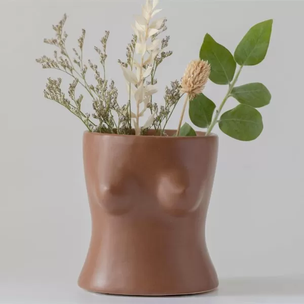 Body Vase Female Form Boob Planter Flower Vase wDrainage Plug Speckled Matte Nude Ceramic Feminine Women Sculpture Breast Cute Chic Plant Pot Boho Home Decor Desk Small Accent Unique Boob GiftsWalnut Brown Top