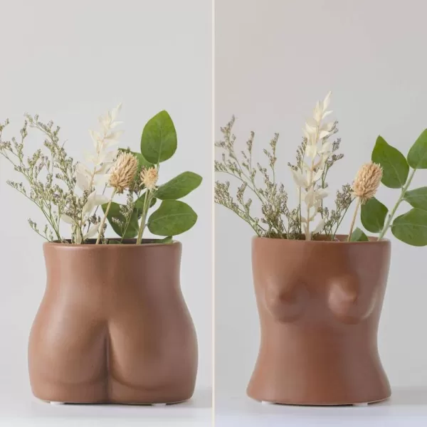 Body Vase Female Form Butt Planter Booty Vases for Flowers Boob Planter Bust Flower Vases wDrainage Hole Speckled Matte Brown Ceramic Cheeky Cute Small Indoor Plant Pot Modern Boho Room Decor