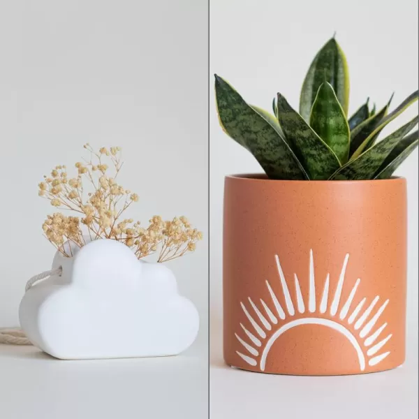 Cloud Indoor Hanging Plant Pot Adjustable Macrame Rope Organic Modern Minimalist Aesthetic Ceramic Vase w Drainage Hole Sun Decor Cylinder Terracotta Planter Unique Vintage Handmade Indoor Decor