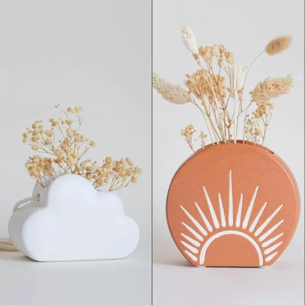 Cloud Indoor Hanging Plant Pot Adjustable Macrame Rope Textured Organic Modern Minimalist Aesthetic Ceramic Vase w Drainage Hole Sun Decor Circle Vase MidCentury Vintage Small Flower Centerpieces