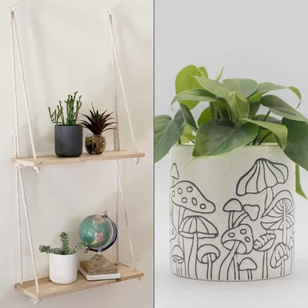 Hanging Shelves for Wall Set of 2 w Hooks Wooden Shelf Macrame Rope Natural Light Reclaimed Wood Mushroom Decor Planter Handmade Design Speckled White Ceramic Unique Retro Plant Pot Indoor Plants