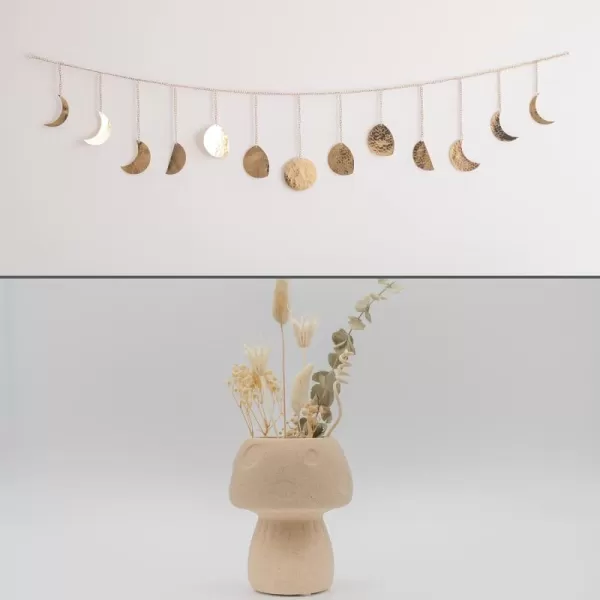 Moon Phase Wall Hanging Handmade Hammered Gold Metal 13 Moons 36quot Garland Phases of the Moon Mushroom Decor Vase Textured Sand Handmade Design Ceramic Plant Pot Indoor Plant Modern Boho Cottagecore