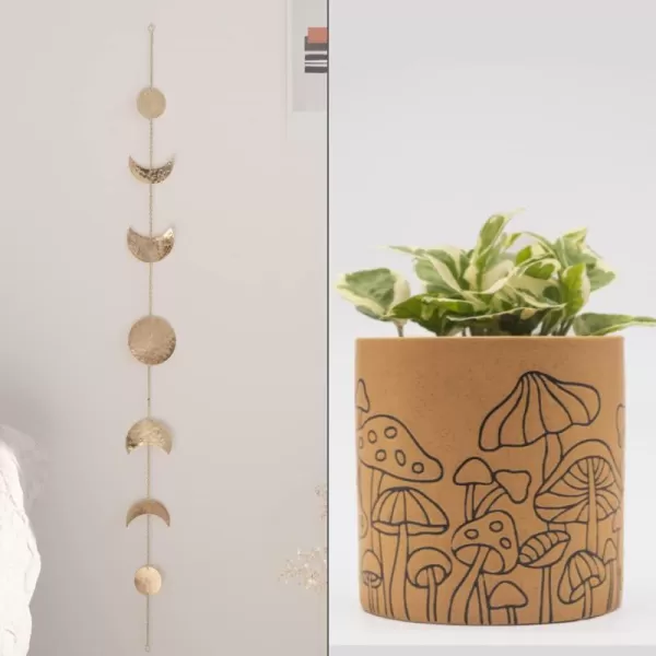 Moon Phase Wall Hanging Handmade Hammered Gold Metal 7 Moons 34quot Banner Phases of the Moon Mushroom Decor Planter Handmade Design Terracotta Ceramic Unique Retro Plant Pot Modern Boho Cottagecore