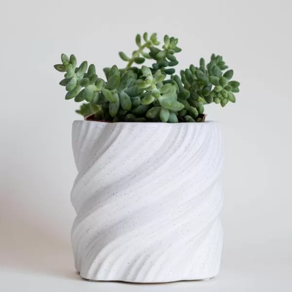 Spiral Planter Swirl Twist Speckled Matte White Ceramic w Drainage Hole Unique Small Indoor Plant Pot Mid Century Modern Minimalist Cute Vintage Aesthetic Centerpieces Flower Boho Living Room DecorSpiral Speckled White