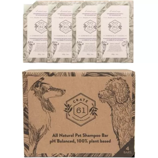 Cedarwood Patchouli 4pack Crate 61 All Natural Cold Process Pet Dog Shampoo Bar pH Balanced 100 plant based Plastic FreeCedarwood Patchouli