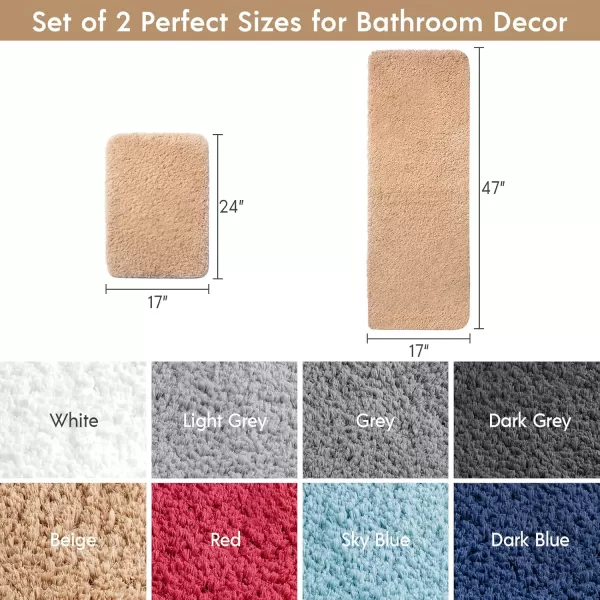 Phantoscope Bathroom Rugs  Set of 2 NonSlip Ultra Soft Microfiber Plush Bath Mat Water Absorbing Shower Rugs Sky Blue 17 x 24 ampamp 17 x 47 InchesBeige