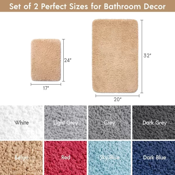 Phantoscope Bathroom Rugs  Set of 2 NonSlip Ultra Soft Microfiber Plush Bath Mat Water Absorbing Shower Rugs Sky Blue 17 x 24 ampamp 17 x 47 InchesBeige