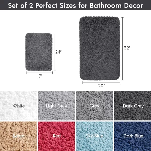 Phantoscope Bathroom Rugs  Set of 2 NonSlip Ultra Soft Microfiber Plush Bath Mat Water Absorbing Shower Rugs Sky Blue 17 x 24 ampamp 17 x 47 InchesDark Grey
