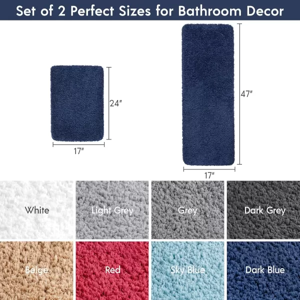 Phantoscope Bathroom Rugs  Set of 2 NonSlip Ultra Soft Microfiber Plush Bath Mat Water Absorbing Shower Rugs Sky Blue 17 x 24 ampamp 17 x 47 InchesDark Blue