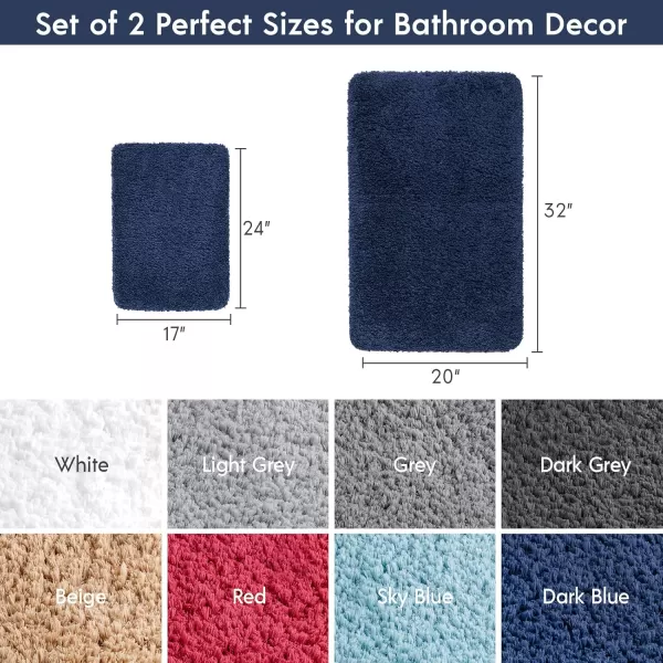 Phantoscope Bathroom Rugs  Set of 2 NonSlip Ultra Soft Microfiber Plush Bath Mat Water Absorbing Shower Rugs Sky Blue 17 x 24 ampamp 17 x 47 InchesDark Blue