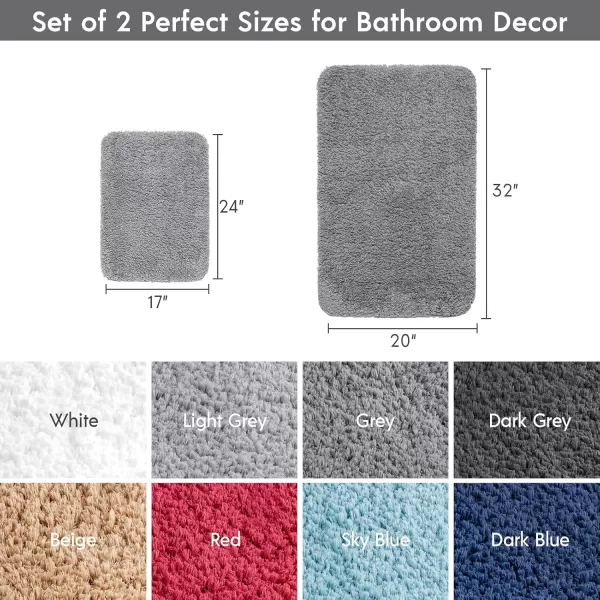 Phantoscope Bathroom Rugs  Set of 2 NonSlip Ultra Soft Microfiber Plush Bath Mat Water Absorbing Shower Rugs Sky Blue 17 x 24 ampamp 17 x 47 InchesGrey