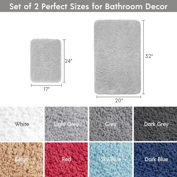 Phantoscope Bathroom Rugs  Set of 2 NonSlip Ultra Soft Microfiber Plush Bath Mat Water Absorbing Shower Rugs Sky Blue 17 x 24 ampamp 17 x 47 InchesLight Grey