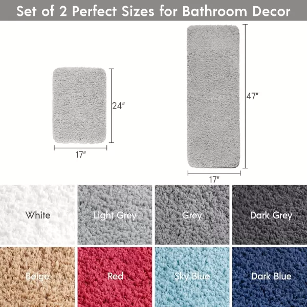 Phantoscope Bathroom Rugs  Set of 2 NonSlip Ultra Soft Microfiber Plush Bath Mat Water Absorbing Shower Rugs Sky Blue 17 x 24 ampamp 17 x 47 InchesLight Grey