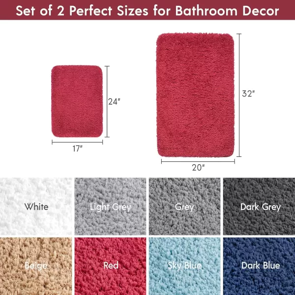 Phantoscope Bathroom Rugs  Set of 2 NonSlip Ultra Soft Microfiber Plush Bath Mat Water Absorbing Shower Rugs Sky Blue 17 x 24 ampamp 17 x 47 InchesRed