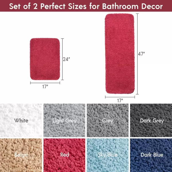 Phantoscope Bathroom Rugs  Set of 2 NonSlip Ultra Soft Microfiber Plush Bath Mat Water Absorbing Shower Rugs Sky Blue 17 x 24 ampamp 17 x 47 InchesRed