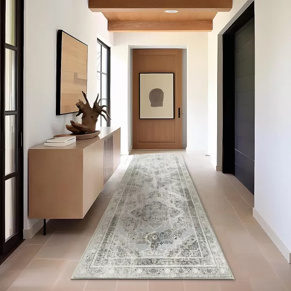 Phantoscope Hallway Runner Rug 2x8  Boho Washable NonSlip Kitchen Rug Runner UltraThin Vintage Distressed Accent Throw Rug for Entryway Laundry Bathroom Bedroom GreyDull TealGreyDull Teal