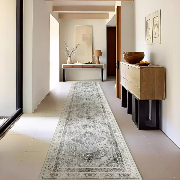 Phantoscope Hallway Runner Rug 2x8  Boho Washable NonSlip Kitchen Rug Runner UltraThin Vintage Distressed Accent Throw Rug for Entryway Laundry Bathroom Bedroom GreyDull TealGreyDull Teal
