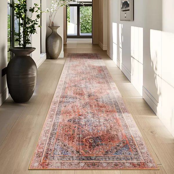 Phantoscope Hallway Runner Rug 2x8  Boho Washable NonSlip Kitchen Rug Runner UltraThin Vintage Distressed Accent Throw Rug for Entryway Laundry Bathroom Bedroom GreyDull TealRustMulti
