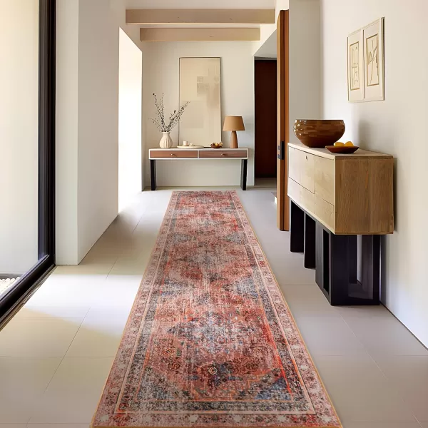 Phantoscope Hallway Runner Rug 2x8  Boho Washable NonSlip Kitchen Rug Runner UltraThin Vintage Distressed Accent Throw Rug for Entryway Laundry Bathroom Bedroom GreyDull TealRustMulti