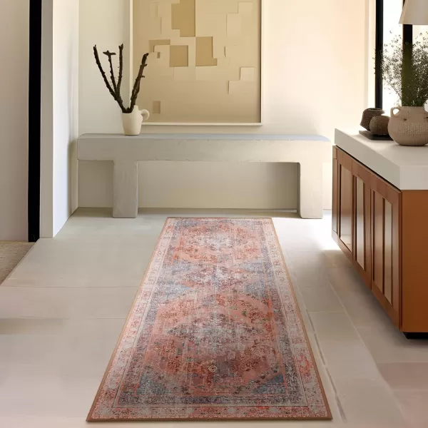 Phantoscope Hallway Runner Rug 2x8  Boho Washable NonSlip Kitchen Rug Runner UltraThin Vintage Distressed Accent Throw Rug for Entryway Laundry Bathroom Bedroom GreyDull TealRustMulti