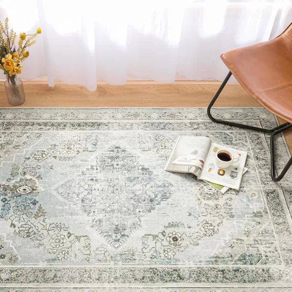 Phantoscope Hallway Runner Rug 2x8  Boho Washable NonSlip Kitchen Rug Runner UltraThin Vintage Distressed Accent Throw Rug for Entryway Laundry Bathroom Bedroom GreyDull TealGreyDull Teal