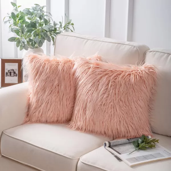 Phantoscope Pack of 2 Faux Fur Solid Throw Decorative Pillow Cover Cushion Covers Luxury Soft Halloween Decorative Pillowcase Fuzzy Pillow Covers for BedCouch Cream White 18 x 18 InchesPeachy Pink