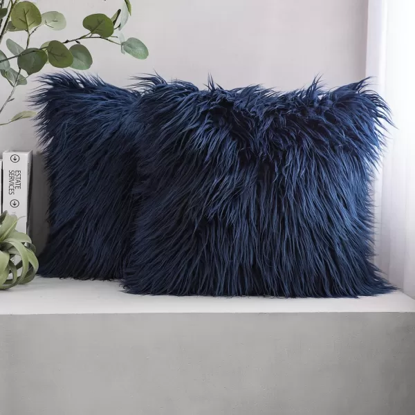 Phantoscope Pack of 2 Faux Fur Solid Throw Decorative Pillow Cover Cushion Covers Luxury Soft Halloween Decorative Pillowcase Fuzzy Pillow Covers for BedCouch Cream White 18 x 18 InchesNavy Blue
