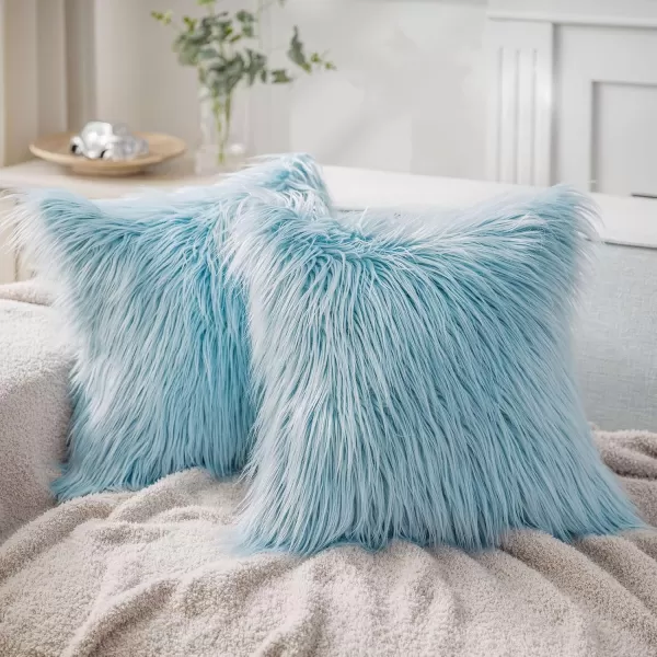 Phantoscope Pack of 2 Faux Fur Solid Throw Decorative Pillow Cover Cushion Covers Luxury Soft Halloween Decorative Pillowcase Fuzzy Pillow Covers for BedCouch Cream White 18 x 18 InchesLight Blue