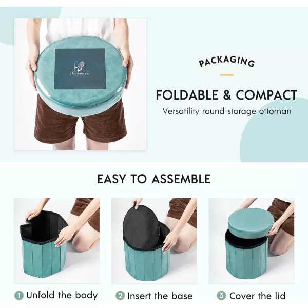 Phantoscope Storage Ottoman Round15 Inch Velvet Folding Storage Boxes Footrest Foot Ottoman Toy Box Padded Seat for Dorm Living Room Bedroom Support 220lbs Light GreenGrey
