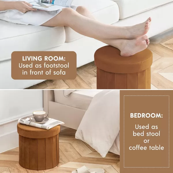 Phantoscope Storage Ottoman Round15 Inch Velvet Folding Storage Boxes Footrest Foot Ottoman Toy Box Padded Seat for Dorm Living Room Bedroom Support 220lbs Light GreenBrown