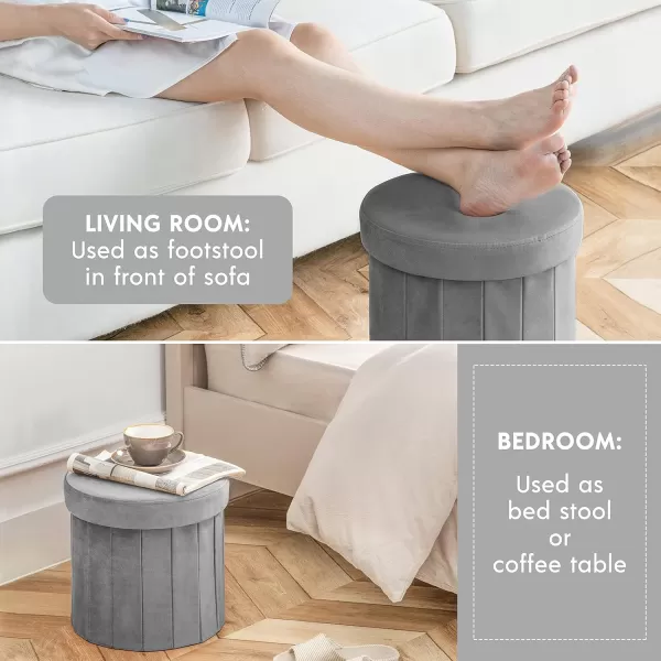 Phantoscope Storage Ottoman Round15 Inch Velvet Folding Storage Boxes Footrest Foot Ottoman Toy Box Padded Seat for Dorm Living Room Bedroom Support 220lbs Light GreenGrey