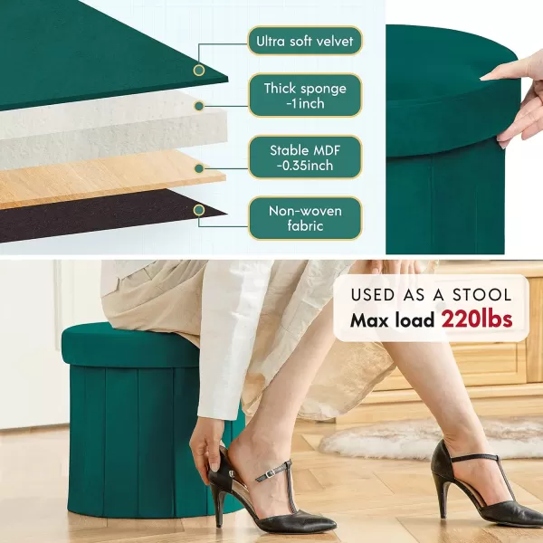 Phantoscope Storage Ottoman Round15 Inch Velvet Folding Storage Boxes Footrest Foot Ottoman Toy Box Padded Seat for Dorm Living Room Bedroom Support 220lbs Light GreenDark Green