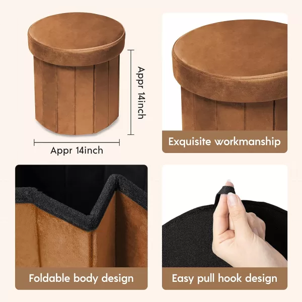Phantoscope Storage Ottoman Round15 Inch Velvet Folding Storage Boxes Footrest Foot Ottoman Toy Box Padded Seat for Dorm Living Room Bedroom Support 220lbs Light GreenBrown