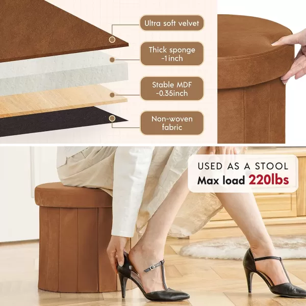 Phantoscope Storage Ottoman Round15 Inch Velvet Folding Storage Boxes Footrest Foot Ottoman Toy Box Padded Seat for Dorm Living Room Bedroom Support 220lbs Light GreenBrown