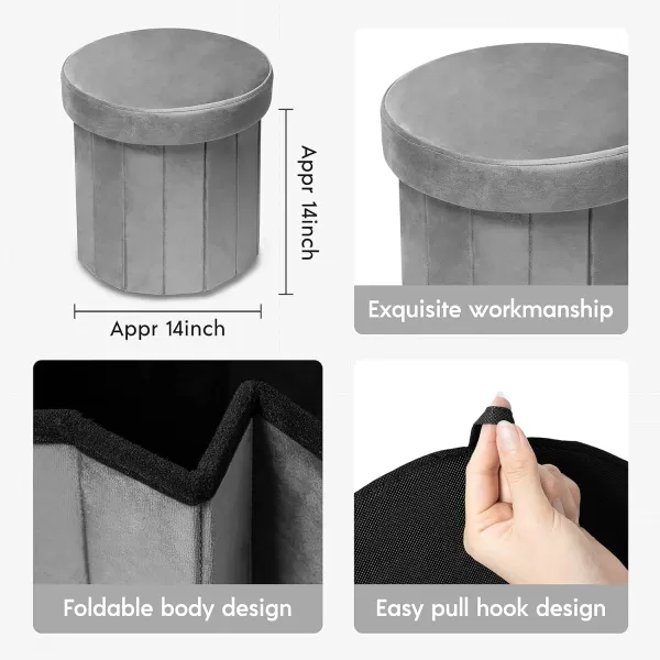 Phantoscope Storage Ottoman Round15 Inch Velvet Folding Storage Boxes Footrest Foot Ottoman Toy Box Padded Seat for Dorm Living Room Bedroom Support 220lbs Light GreenGrey