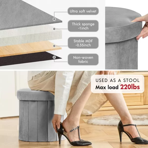 Phantoscope Storage Ottoman Round15 Inch Velvet Folding Storage Boxes Footrest Foot Ottoman Toy Box Padded Seat for Dorm Living Room Bedroom Support 220lbs Light GreenGrey