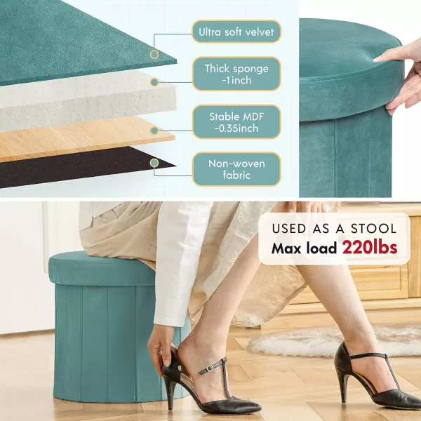 Phantoscope Storage Ottoman Round15 Inch Velvet Folding Storage Boxes Footrest Foot Ottoman Toy Box Padded Seat for Dorm Living Room Bedroom Support 220lbs Light GreenLight Green
