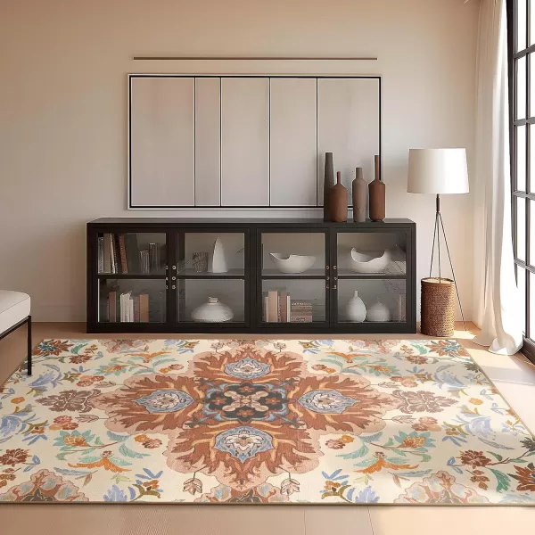 Phantoscope Vintage Collection Round Area Rug 6ft Washable NonSlip Round Rug Large Circle Rug LowPile Floral Painting Boho Carpet for Living Room Bedroom Kitchen Dining Room Forest GreenCreamRustMulti Floral