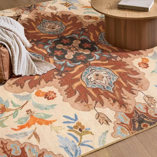 Phantoscope Vintage Collection Round Area Rug 6ft Washable NonSlip Round Rug Large Circle Rug LowPile Floral Painting Boho Carpet for Living Room Bedroom Kitchen Dining Room Forest GreenCreamRustMulti Floral
