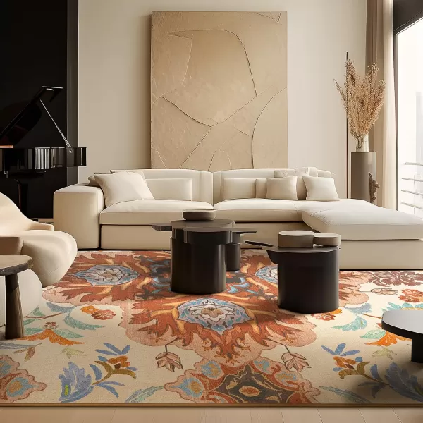 Phantoscope Vintage Collection Round Area Rug 6ft Washable NonSlip Round Rug Large Circle Rug LowPile Floral Painting Boho Carpet for Living Room Bedroom Kitchen Dining Room Forest GreenCreamRustMulti Floral