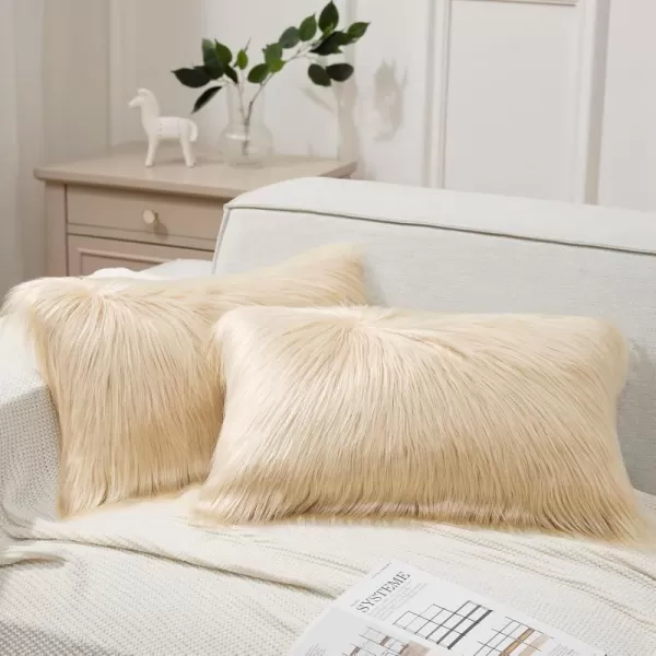 Phantoscope Pack of 2 Faux Fur Solid Throw Decorative Pillow Cover Cushion Covers Luxury Soft Halloween Decorative Pillowcase Fuzzy Pillow Covers for BedCouch Cream White 18 x 18 InchesLight Beige