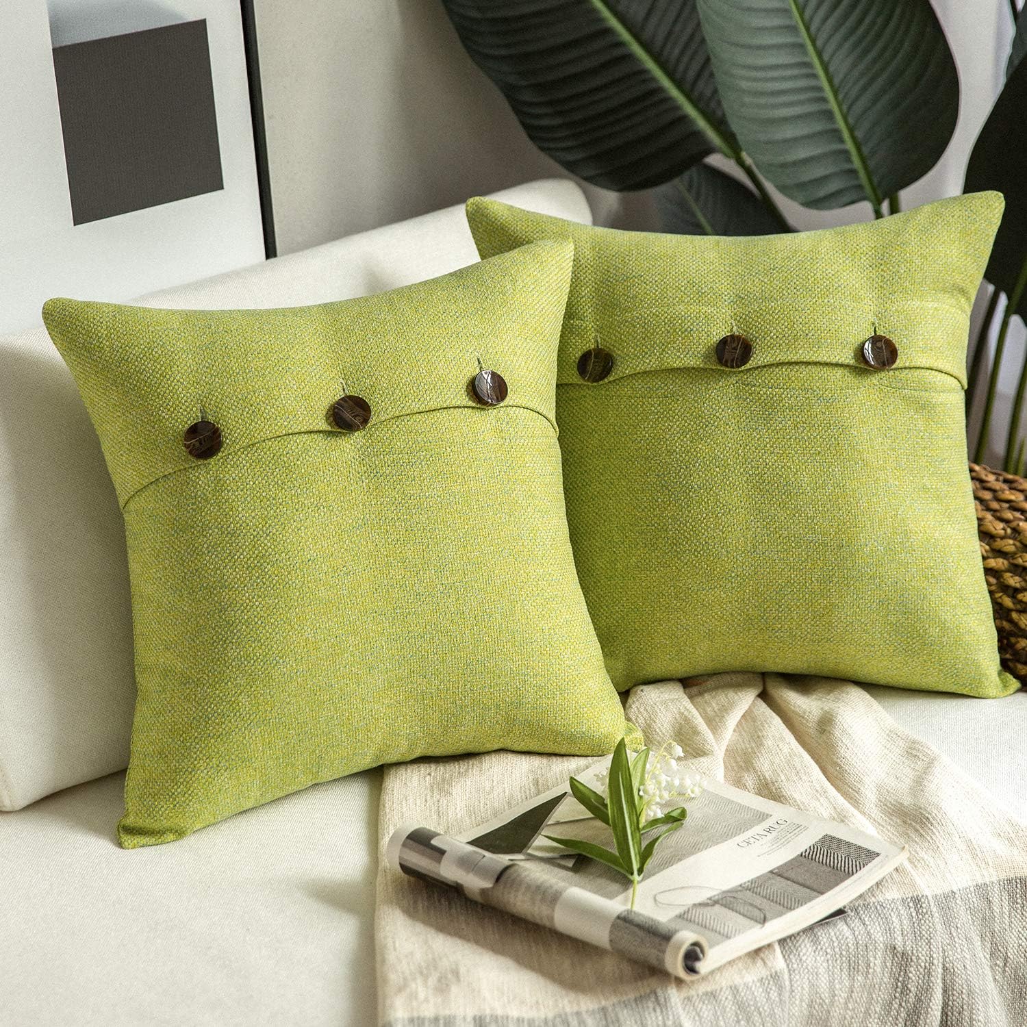 Phantoscope Farmhouse Throw Pillow Covers Triple Button Vintage Linen Solid Decorative Pillow Cover for Couch Bed and Chair Off White 18 x 18 inches 45 x 45 cm Pack of 2Yellow Green