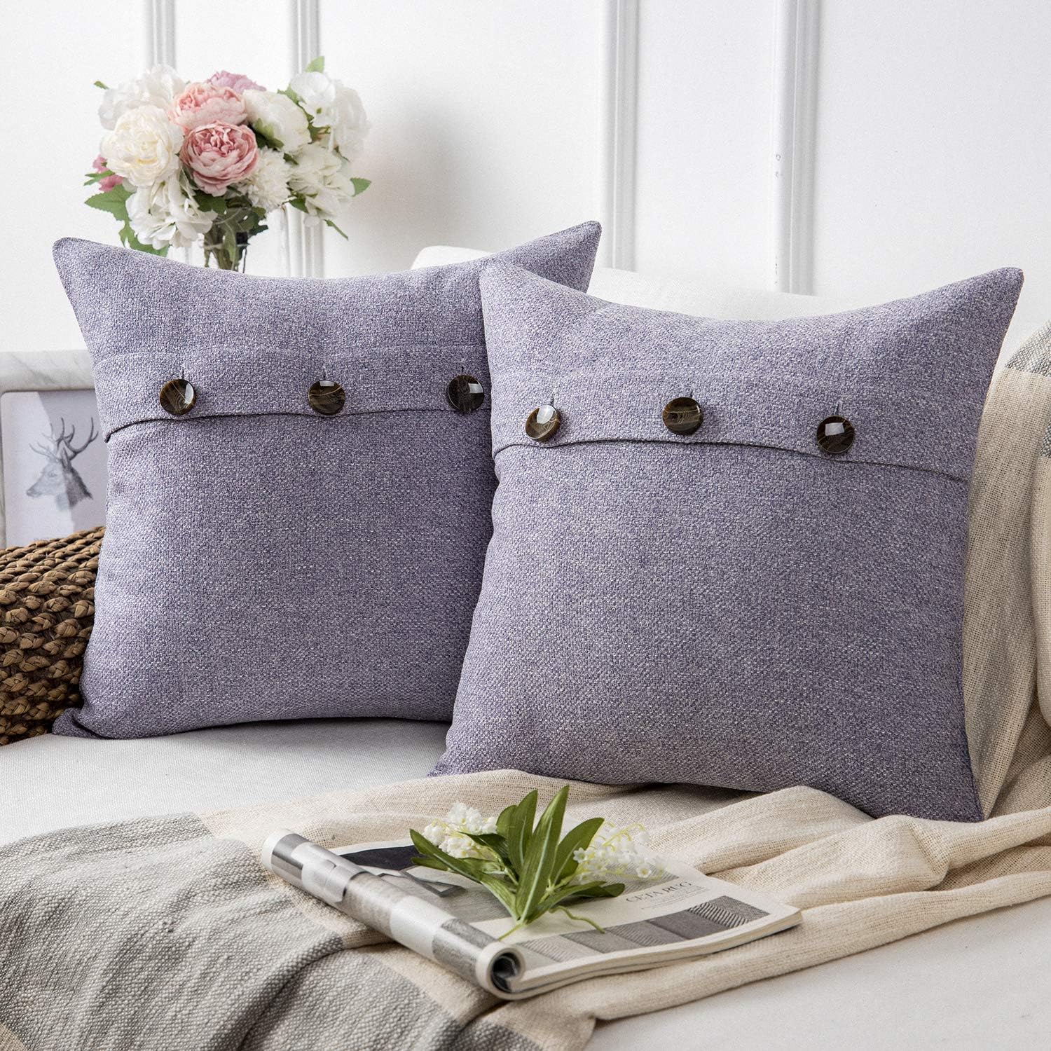 Phantoscope Farmhouse Throw Pillow Covers Triple Button Vintage Linen Solid Decorative Pillow Cover for Couch Bed and Chair Off White 18 x 18 inches 45 x 45 cm Pack of 2Light Purple