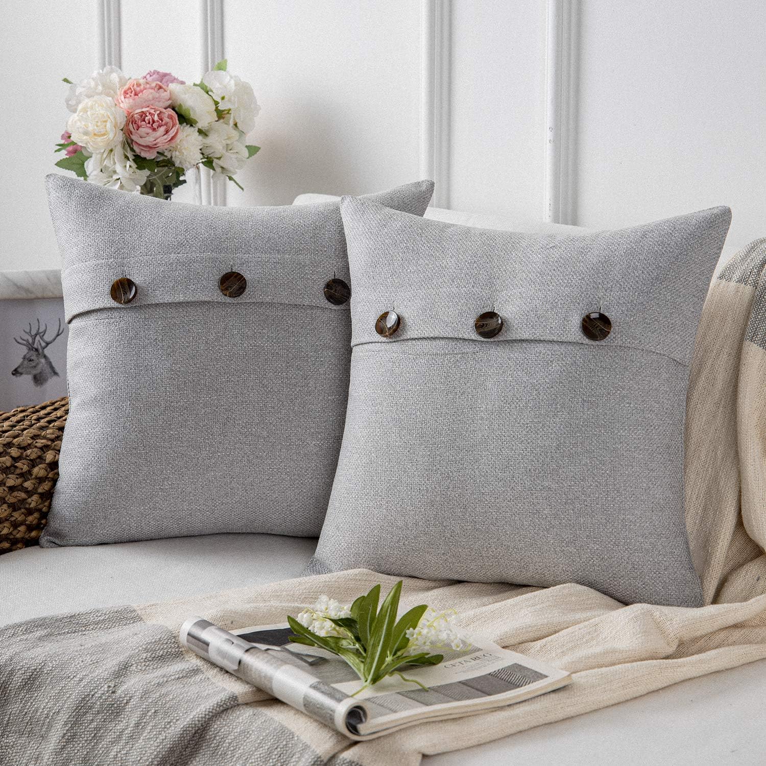 Phantoscope Farmhouse Throw Pillow Covers Triple Button Vintage Linen Solid Decorative Pillow Cover for Couch Bed and Chair Off White 18 x 18 inches 45 x 45 cm Pack of 2Light Grey