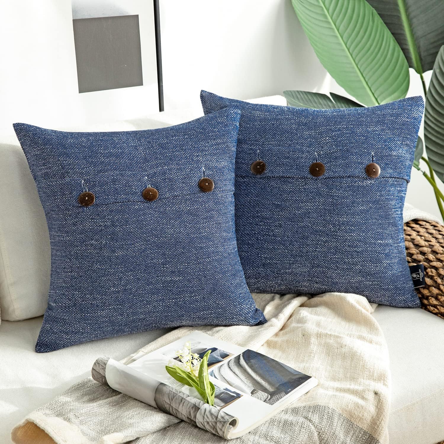 Phantoscope Farmhouse Throw Pillow Covers Triple Button Vintage Linen Solid Decorative Pillow Cover for Couch Bed and Chair Off White 18 x 18 inches 45 x 45 cm Pack of 2Navy Blue