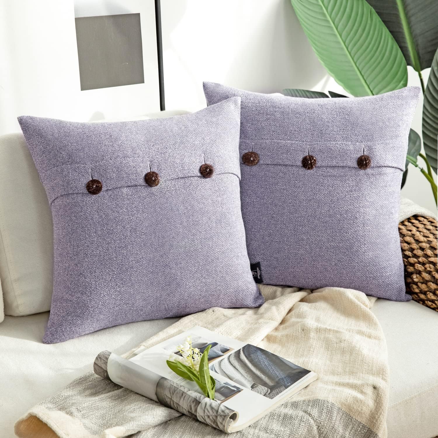 Phantoscope Farmhouse Throw Pillow Covers Triple Button Vintage Linen Solid Decorative Pillow Cover for Couch Bed and Chair Off White 18 x 18 inches 45 x 45 cm Pack of 2Light Purple