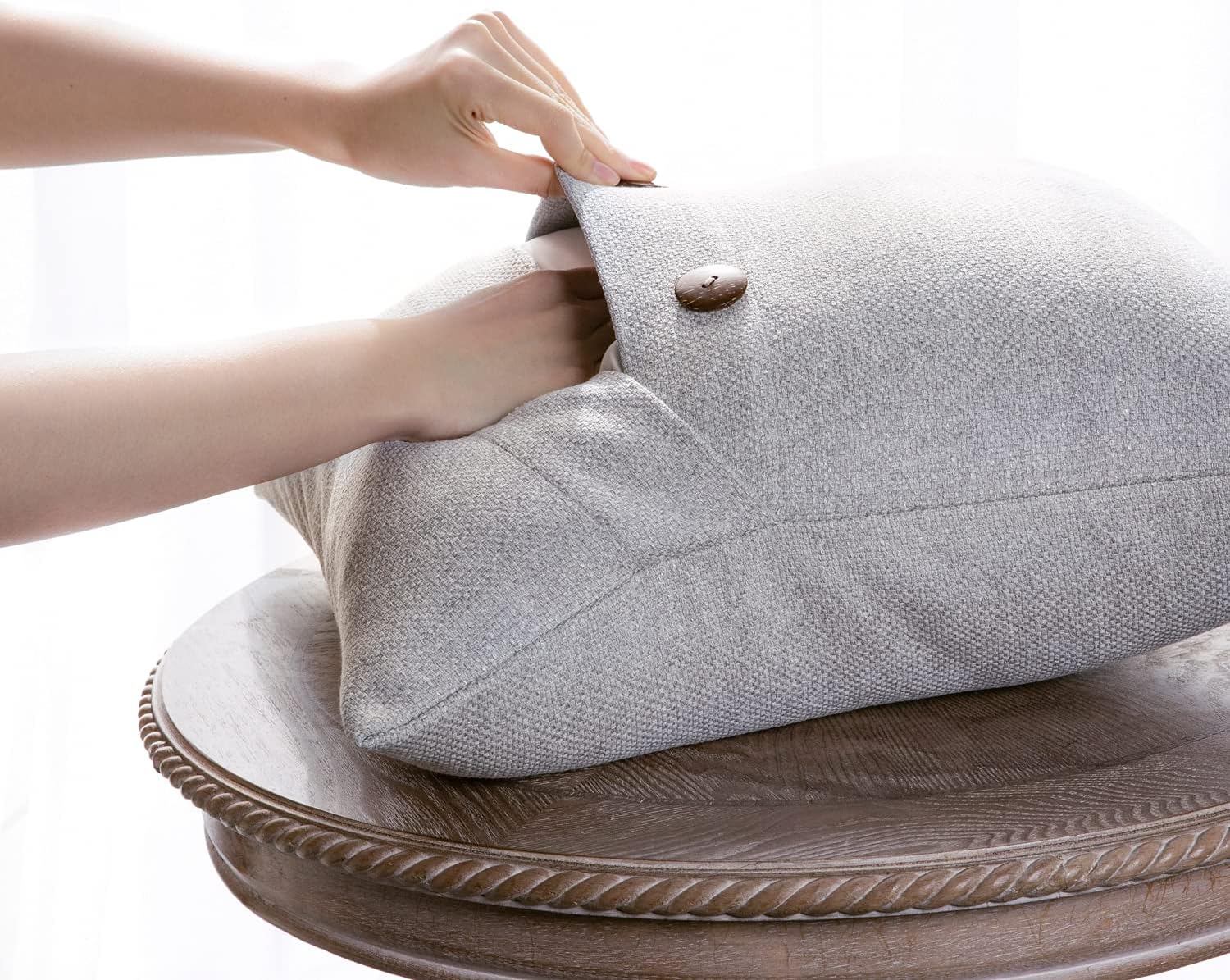 Phantoscope Farmhouse Throw Pillow Covers Triple Button Vintage Linen Solid Decorative Pillow Cover for Couch Bed and Chair Off White 18 x 18 inches 45 x 45 cm Pack of 2Light Grey